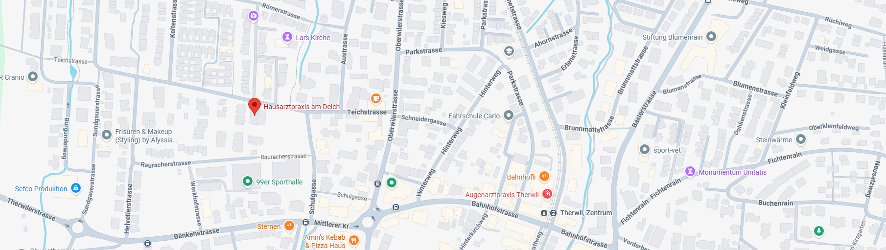 Karte Hausarztpraxis Am Deich, Teichstrasse 15, 4106 Therwil